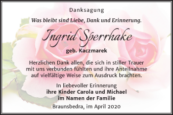 Traueranzeige von Ingrid Sperrhake von Super Sonntag Merseburg/Querfurt