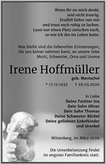 Traueranzeige von Irene Hoffmüller von Super Sonntag Wittenberg