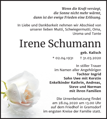 Traueranzeige von Irene Schumann von Super Sonntag Bernburg