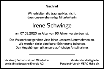 Traueranzeige von Irene Schwinge von Mitteldeutsche Zeitung Halle/Saalkreis