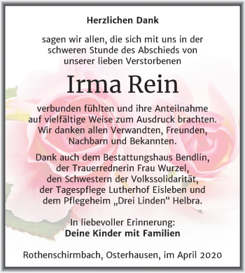 Traueranzeige von Irma Rein von Mitteldeutsche Zeitung Mansfelder Land