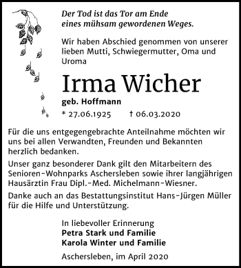 Traueranzeige von Irma Wicher von Mitteldeutsche Zeitung Aschersleben
