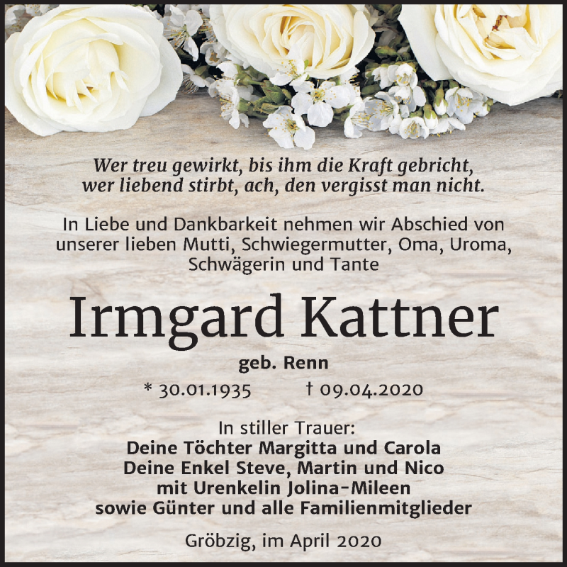  Traueranzeige für Irmgard Kattner vom 18.04.2020 aus Mitteldeutsche Zeitung Köthen