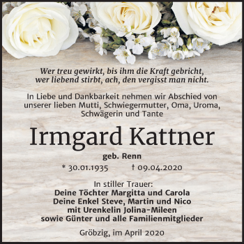 Traueranzeige von Irmgard Kattner von Super Sonntag Köthen