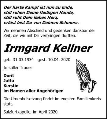 Traueranzeige von Irmgard Kellner von Mitteldeutsche Zeitung Bitterfeld