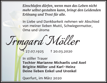 Traueranzeige von Irmgard Möller von Super Sonntag Merseburg/Querfurt