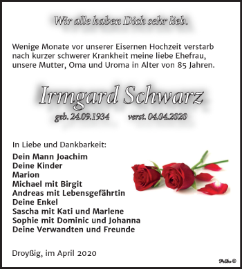 Traueranzeige von Irmgard Schwarz von Super Sonntag Zeitz