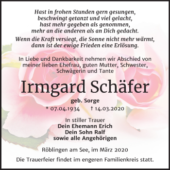 Traueranzeige von Irmgard Schäfer von Mitteldeutsche Zeitung Mansfelder Land