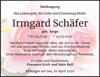 Traueranzeige von Irmgard Schäfer von Mitteldeutsche Zeitung Mansfelder Land