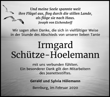 Traueranzeige von Irmgard Schütze-Hoelemann von Super Sonntag Bernburg