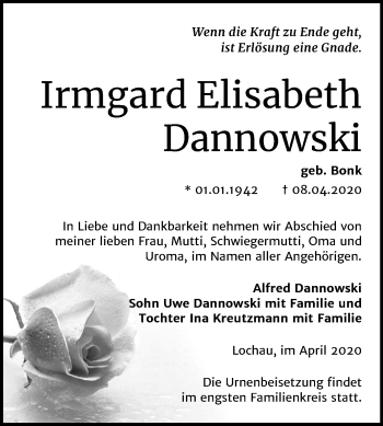 Traueranzeige von Irmgard Elisabeth Dannowski von Mitteldeutsche Zeitung Halle/Saalkreis
