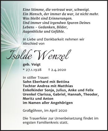 Traueranzeige von Isolde Wenzel von Super Sonntag Weißenfels