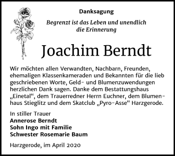 Traueranzeige von Joachim Berndt von Super Sonntag Quedlinburg