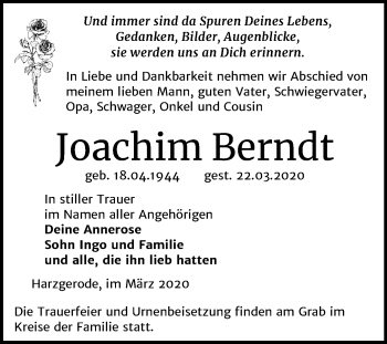 Traueranzeige von Joachim Berndt von Super Sonntag Quedlinburg