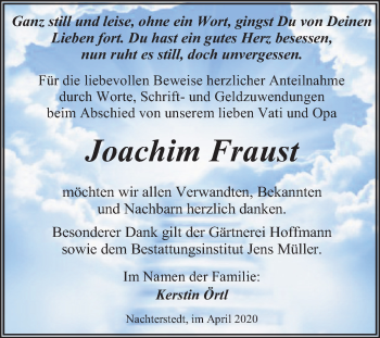 Traueranzeige von Joachim Fraust von Super Sonntag Aschersleben