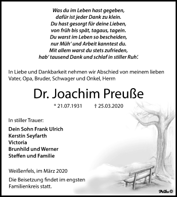 Traueranzeige von Joachim Preuße von Mitteldeutsche Zeitung Weißenfels