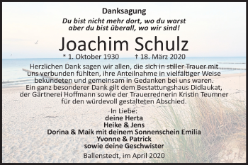 Traueranzeige von Joachim Schulz von Mitteldeutsche Zeitung Quedlinburg