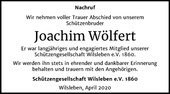 Traueranzeige von Joachim Wölfert von Super Sonntag Aschersleben