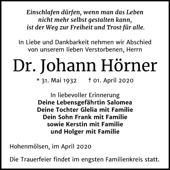 Traueranzeige von Johann Hörner von Mitteldeutsche Zeitung Weißenfels