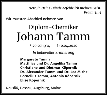 Traueranzeige von Johann Tamm von Mitteldeutsche Zeitung Dessau-Roßlau