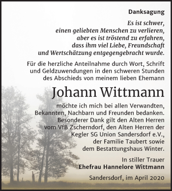 Traueranzeige von Johann Wittmann von Mitteldeutsche Zeitung Bitterfeld