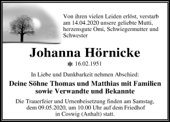 Traueranzeige von Johanna Hörnicke von Super Sonntag Wittenberg
