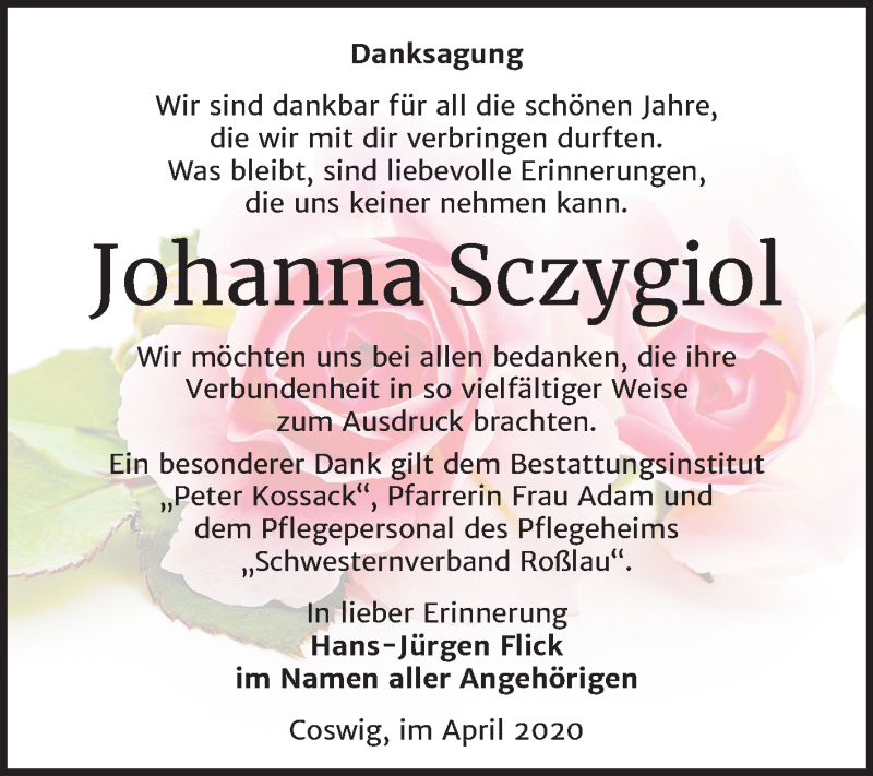  Traueranzeige für Johanna Sczygiol vom 11.04.2020 aus Mitteldeutsche Zeitung Wittenberg