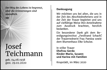 Traueranzeige von Josef Teichmann von Super Sonntag Wittenberg