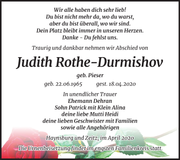 Traueranzeige von Judith Rothe-Durmishov von Super Sonntag Zeitz