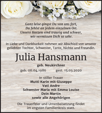 Traueranzeige von Julia Hansmann von Mitteldeutsche Zeitung Bitterfeld