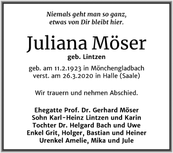 Traueranzeige von Juliana Möser von Mitteldeutsche Zeitung Halle/Saalkreis