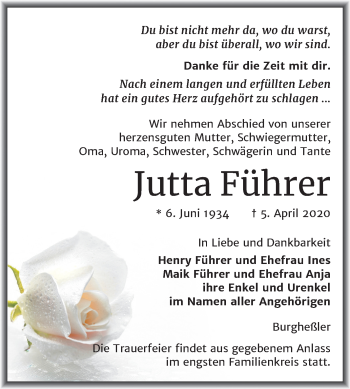Traueranzeige von Jutta Führer von Super Sonntag Naumburg/Nebra