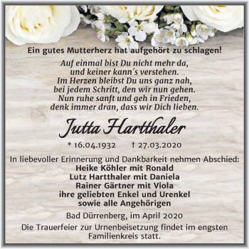 Traueranzeige von Jutta Hartthaler von Super Sonntag Merseburg/Querfurt