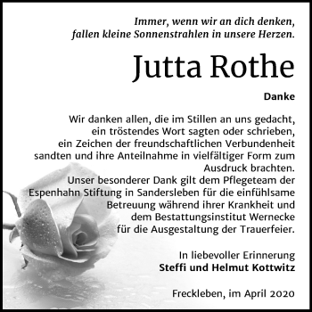 Traueranzeige von Jutta Rothe von Mitteldeutsche Zeitung Aschersleben / Mansfelder Land