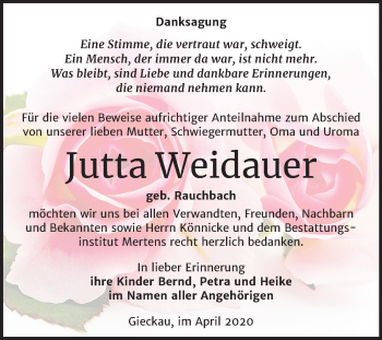 Traueranzeige von Jutta Weidauer von Super Sonntag Naumburg/Nebra