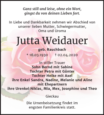 Traueranzeige von Jutta Weidauer von Mitteldeutsche Zeitung Naumburg/Nebra