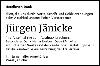 Traueranzeige von Jürgen Jänicke von Mitteldeutsche Zeitung Bitterfeld