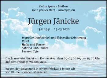 Traueranzeige von Jürgen Jänicke von Mitteldeutsche Zeitung Bitterfeld