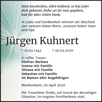 Traueranzeige von Jürgen Kuhnert von Mitteldeutsche Zeitung Sangerhausen