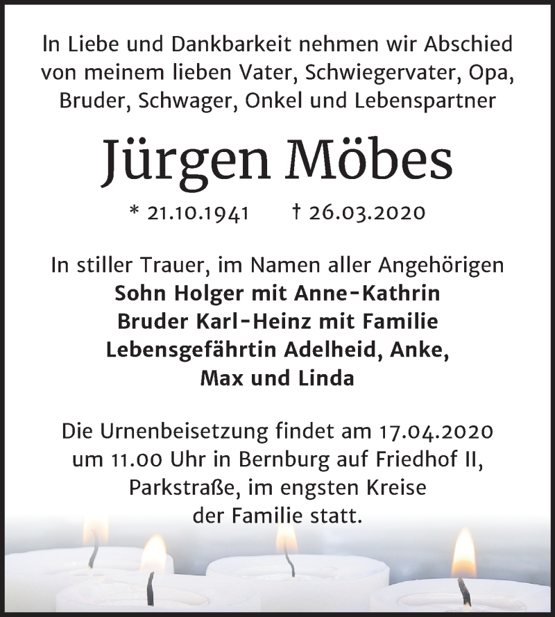  Traueranzeige für Jürgen Möbes vom 04.04.2020 aus Mitteldeutsche Zeitung Bernburg