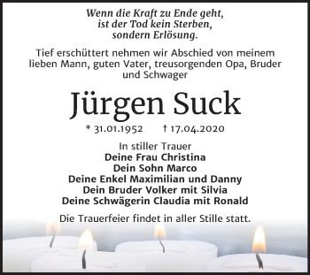 Traueranzeige von Jürgen Suck von Mitteldeutsche Zeitung Mansfelder Land