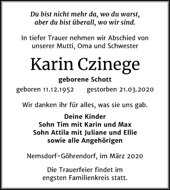 Traueranzeige von Karin Czinege von Mitteldeutsche Zeitung Merseburg/Querfurt