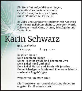 Traueranzeige von Karin Schwarz von Mitteldeutsche Zeitung Weißenfels