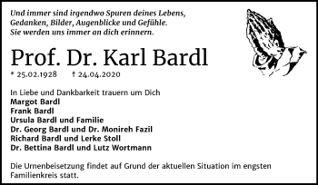 Traueranzeige von Karl Bardl von Mitteldeutsche Zeitung Halle/Saalkreis
