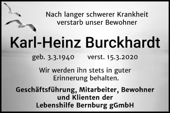 Traueranzeige von Karl-Heinz Burckhardt von Super Sonntag Bernburg