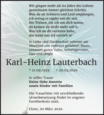 Traueranzeige von Karl-Heinz Lauterbach von Super Sonntag Wittenberg