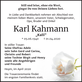 Traueranzeige von Karl Kahmann von Mitteldeutsche Zeitung Aschersleben