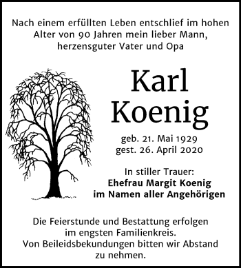 Traueranzeige von Karl Koenig von Mitteldeutsche Zeitung Köthen