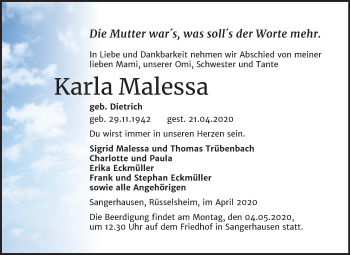 Traueranzeige von Karla Malessa von Mitteldeutsche Zeitung Sangerhausen