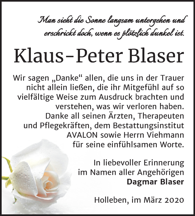  Traueranzeige für Klaus-Peter Blaser vom 01.04.2020 aus Mitteldeutsche Zeitung Mansfelder Land